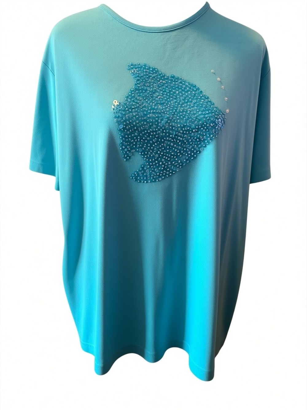 Quacker Factory T-Shirt Womens 1X Turquoise Blue Beaded Sequin Fish Tee